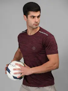 Chkokko Men Burgundy Solid Round Neck Dry Fit T-shirt