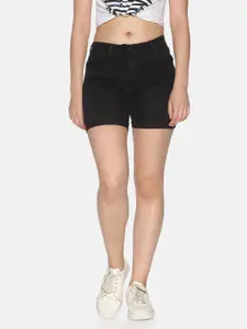 TWIN BIRDS Women Black Solid Skinny Fit Denim Shorts