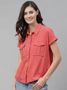 Mast & Harbour Women Rust Red Regular Fit Solid Cotton Casual Shirt