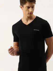 Calvin Klein Jeans Men Black Slim Fit Solid V-Neck T-shirt with Printed Detailing