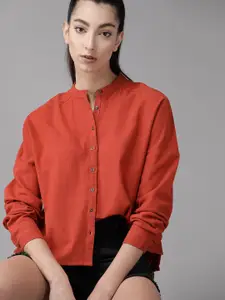 Roadster Women Rust Red Boxy Solid Pure Cotton High-Low Casual Shirt