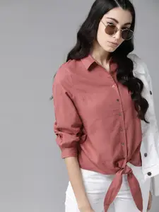 The Roadster Lifestyle Co Women Mauve Regular Fit Solid Pure Cotton Casual Shirt with Tie-up