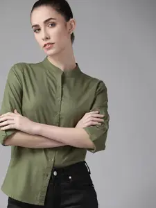 The Roadster Lifestyle Co Women Olive Green Pure Cotton Solid Casual Shirt