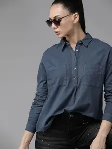 The Roadster Lifestyle Co Women Navy Blue Pure Cotton Solid Casual Shirt