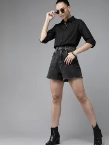 The Roadster Lifestyle Co Women Black Pure Cotton Solid Casual Shirt