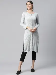 AURELIA Women Grey Melange & White Colourblocked Woollen Kurta