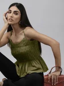 Roadster The Roaster Lifestyle Co. Olive Green Solid Shoulder Strap Peplum Top With Smocked Detail