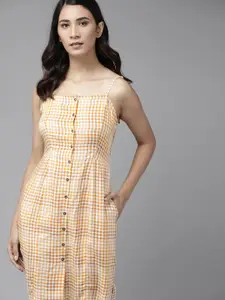 The Roadster Lifestyle Co EcoVero Mustard Yellow & White Checked A-Line Sustainable Dress