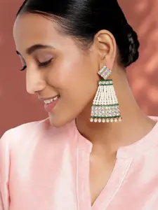 Peora White Green Gold-Plated Kundan Studded Handcrafted Pearl Drop Earrings
