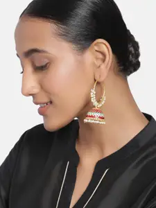 Peora Gold-Plated & Maroon Meenakari Hanging Jhumki Hoop Earrings