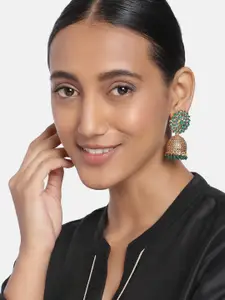 Peora Gold-Plated & Green Floral Studded and Dome Shaped Jhumkas