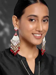 Peora White & Red Gold-Plated Handcrafted Kundan Studded Meenakari Drop Earrings