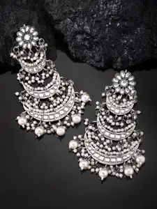 Peora Oxidised Silver-Plated Handcrafted Crescent Shaped Kundan & Pearl Chandbalis