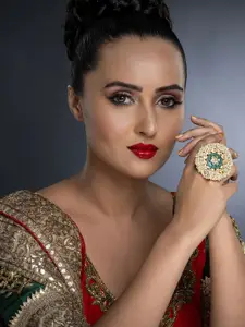 Sukkhi Gold-Plated Turquoise Blue Kundan And Pearl-Studded Finger Ring