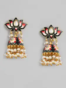 Peora Black Gold-Plated Enamelled Meenakari Floral Jhumkas Earrings