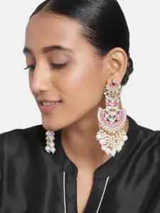 Peora White & Pink Gold-Plated Meenakari Chandelier Crescent Shaped Chandbalis Earrings