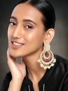 Peora Gold-Plated & Maroon Handcrafted Kundan Studded Meenakari Chandbalis