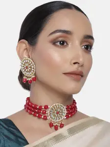 Peora Maroon Gold Plated Handcrafted Faux Pearl Choker Necklace & Earrings Jewellery Set