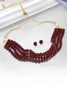Peora Maroon Gold Plated Handcrafted Beaded Choker Necklace & Earrings Jewellery Set