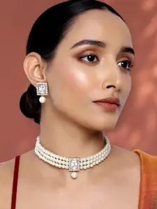 Peora White Gold-Plated Kundan Choker Necklace & Earrings Jewellery Set