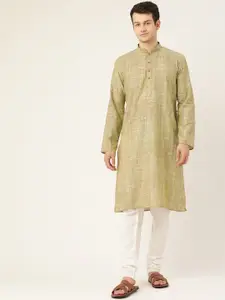 RAJUBHAI HARGOVINDAS Men Green Pure Cotton Woven Design Handloom Kurta with Churidar