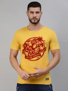 abof Men Mustard Yellow & Red Graphic Printed Pure Cotton T-shirt