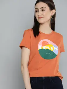 Levis Women Orange Printed Casual Sustainable Pure Cotton T-shirt