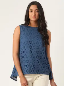 ROOTED Blue Geometric Embroidered Regular Top
