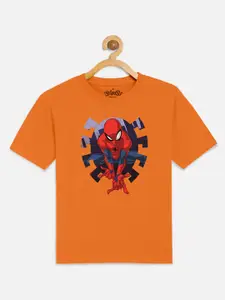 Kids Ville Boys Orange Spiderman Printed T-shirt
