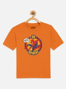 Kids Ville Boys Orange Spiderman Printed Cotton Pure Cotton T-shirt