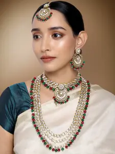 Peora 18K Gold-Plated Kundan Beaded Bridal Necklace & Earrings Jewellery Set