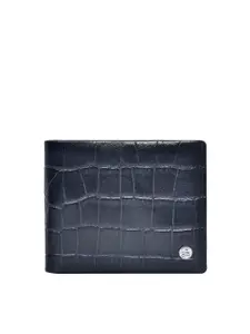 Eske Men Navy Blue Textured Crocodile Print RFID Leather Two Fold Wallet