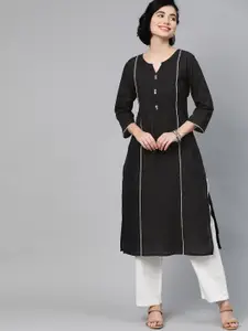 HERE&NOW Women Black Pure Cotton Solid Panelled Kurta