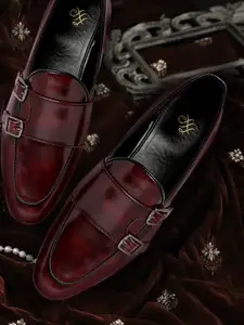 House of Pataudi Men Burgundy Glossy Finish Handcrafted Leather Party Monk Shoes