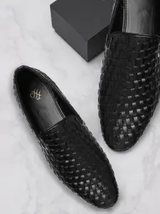House of Pataudi Men Black Basketweave Handcrafted Leather Slip-Ons