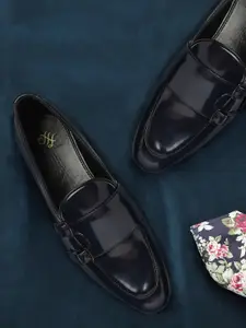 House of Pataudi Men Navy Blue Solid Handcrafted Leather Party Monk Shoes