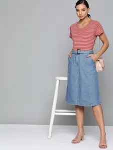 Chemistry Women Blue Pure Cotton Denim A-Line Midi Skirt