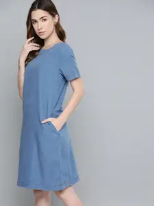 Chemistry Women Blue Solid Denim Pure Cotton Shift Dress