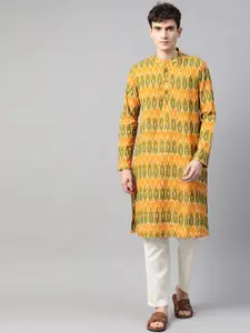 See Designs Men Mustard Yellow & Olive Green Pure Cotton Woven Design Ikat Handloom Kurta