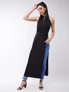 Miss Chase Black Halter Neck Crepe Slitted Maxi Longline Top