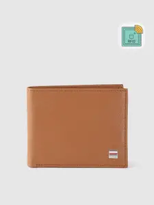 Tommy Hilfiger Men Tan Brown Saffiano Textured Leather Two Fold Wallet with RFID
