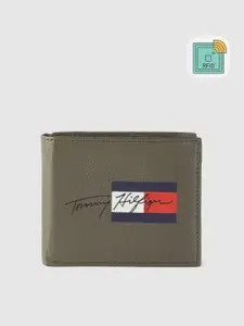 Tommy Hilfiger Men Olive Green & Navy Brand Logo Print Leather Two Fold Wallet with RFID
