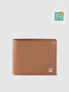Tommy Hilfiger Men Tan Brown Brand Logo Textured Leather Two Fold Wallet with RFID