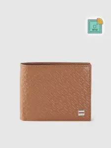 Tommy Hilfiger Men Tan Brown Brand Logo Textured Leather Two Fold Wallet with RFID