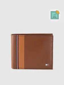 Tommy Hilfiger Men Brown Striped Detail Leather Two Fold Wallet with RFID