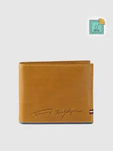 Tommy Hilfiger Men Tan Brown Brand Logo Detail Leather Two Fold Wallet with RFID