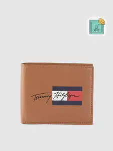 Tommy Hilfiger Men Tan Brown & Navy Brand Logo Print Leather Two Fold Wallet with RFID