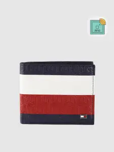 Tommy Hilfiger Men Red & White Striped & Brand Logo Leather Two Fold Wallet with RFID