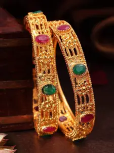 Rubans Set of 2 22K Gold-Plated Red & Green Stone-Studded Handcrafted Bangles