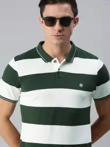 WROGN Men Green & White Striped Polo Collar T-shirt
